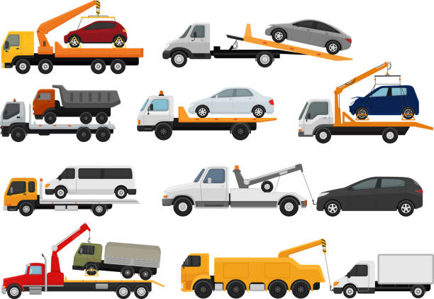 Tow truck vector towing car trucking vehicle transportation towage help on road illustration set of towed auto transport isolated on white background.